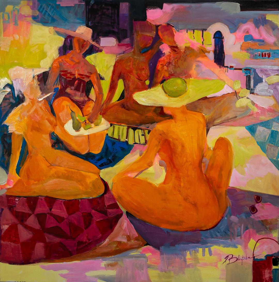 Five figures in colorful, abstract beach scene wearing wide-brimmed hats.