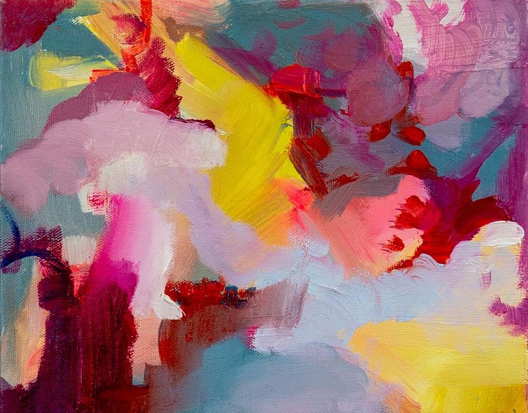 Abstract painting with bold strokes of pink, yellow, red, and turquoise.