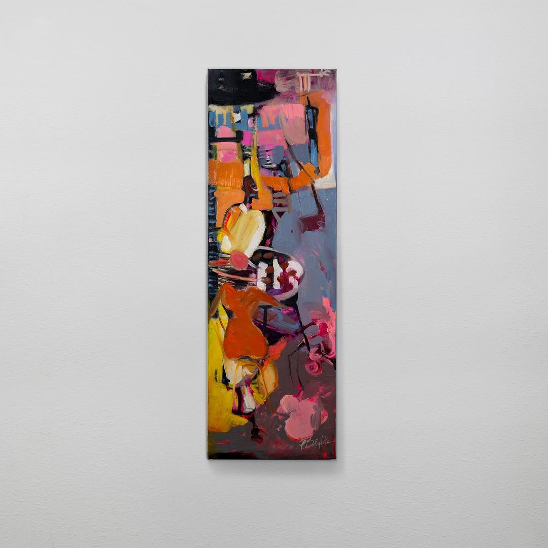 Abstract painting with vertical brushstrokes of orange, pink, and yellow.