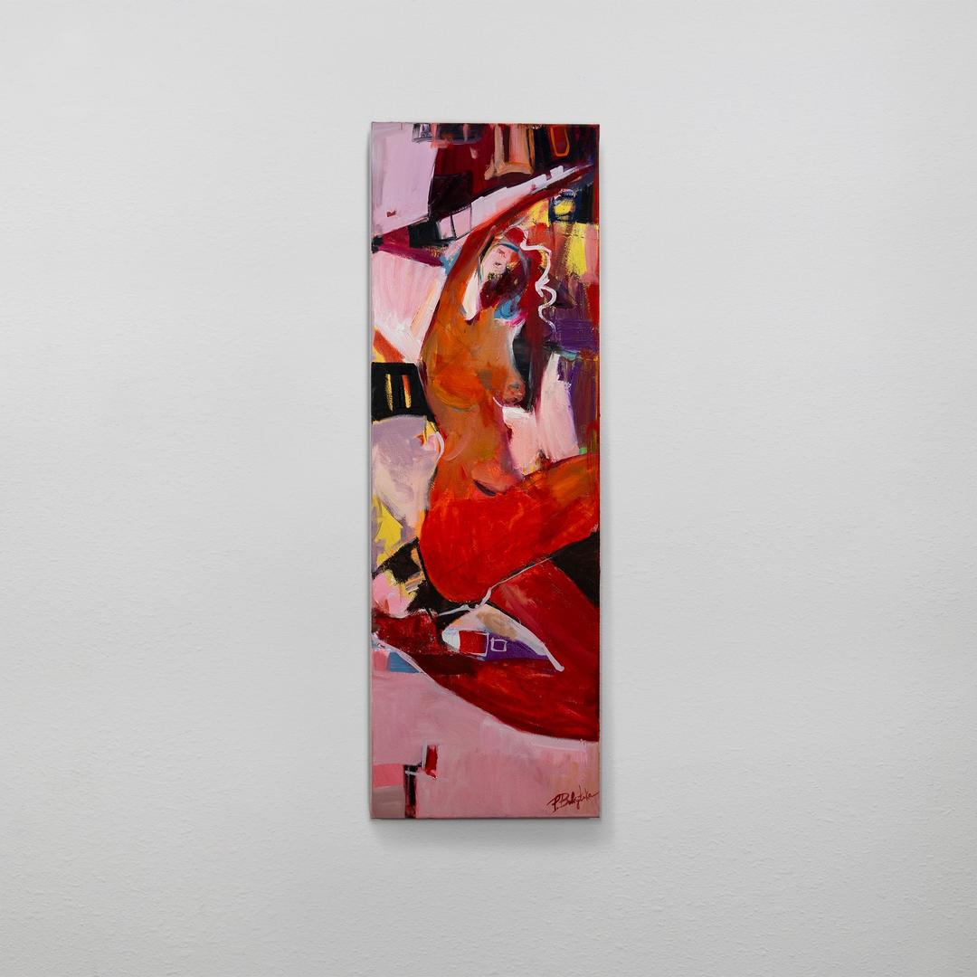 Abstract painting of a dancer in motion, with bold strokes of red, pink, and yellow.