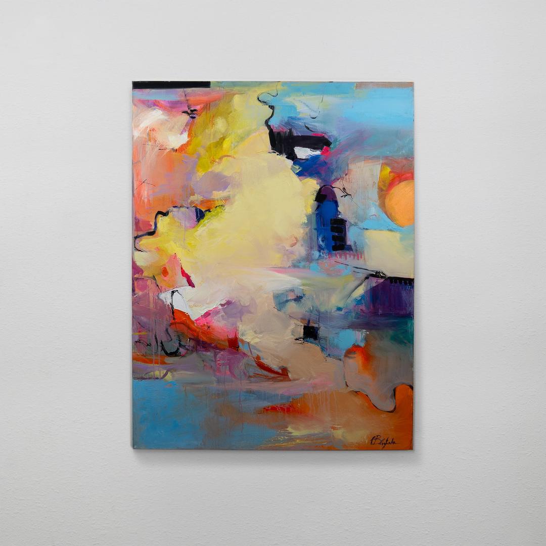 Vibrant abstract painting featuring fluid brushstrokes of blue, yellow, orange, and purple hues.