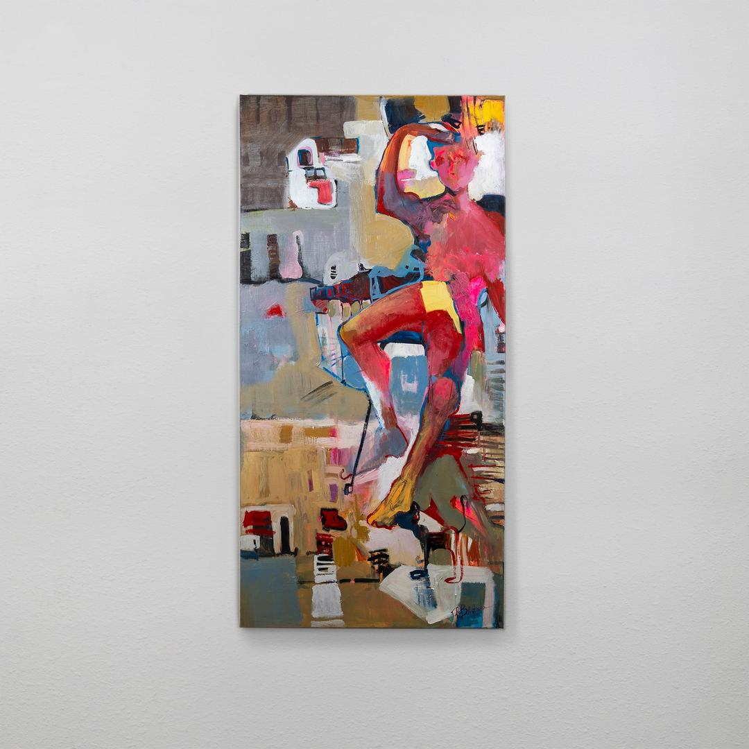 Abstract painting featuring a dynamic red and yellow figure amidst geometric shapes and muted colors.