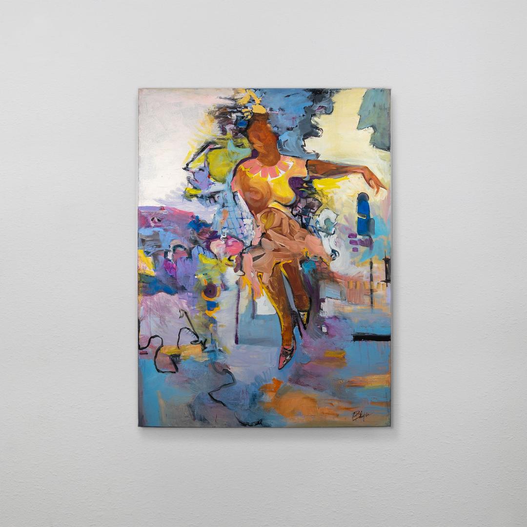 Vibrant abstract painting of a dancing woman with warm colors on a cool background.