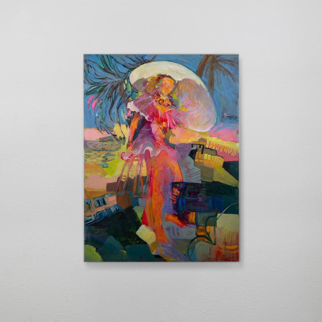 Vibrant abstract painting of a dynamic figure with a large hat against a colorful background.